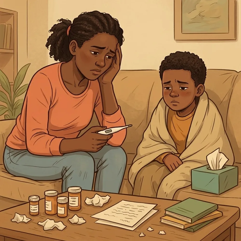 Mãe preocupada ao lado do filho constipado