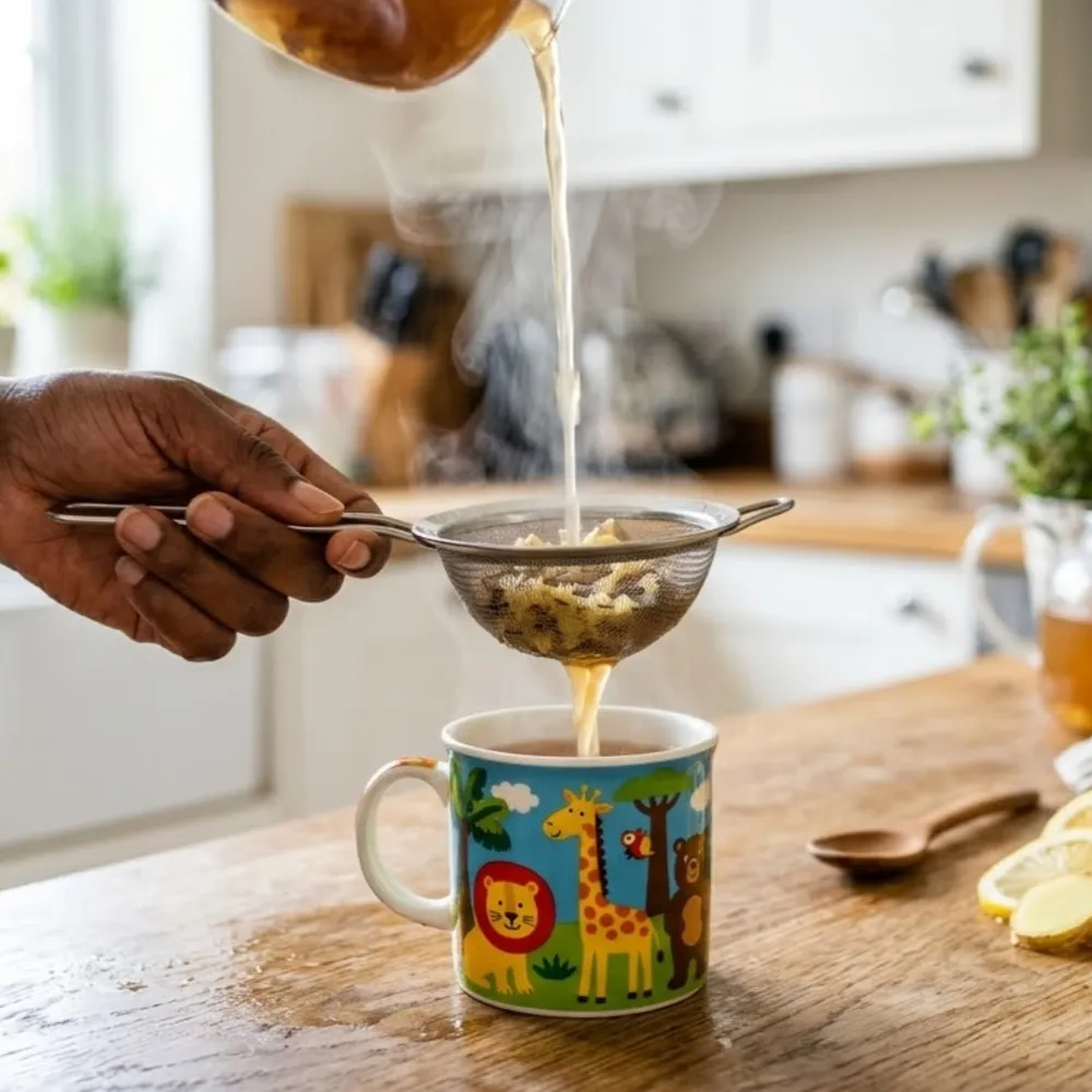 Chá a ser coado para uma caneca infantil