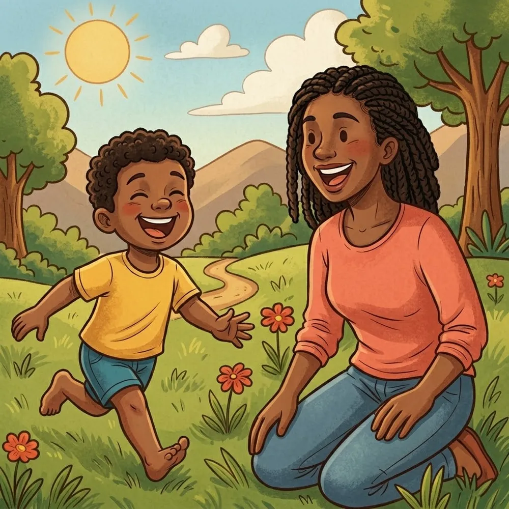 Mãe e filho a brincar felizes no campo