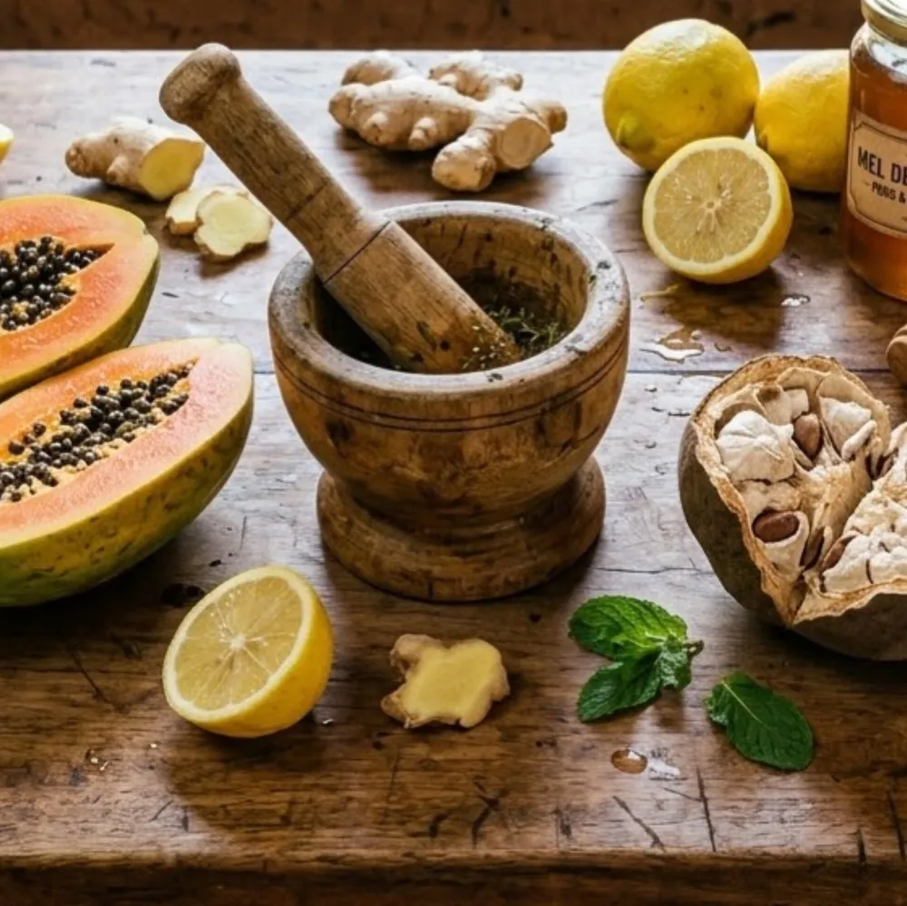 Gengibre, limão, papaia, múcua, hortelã e pilão de madeira